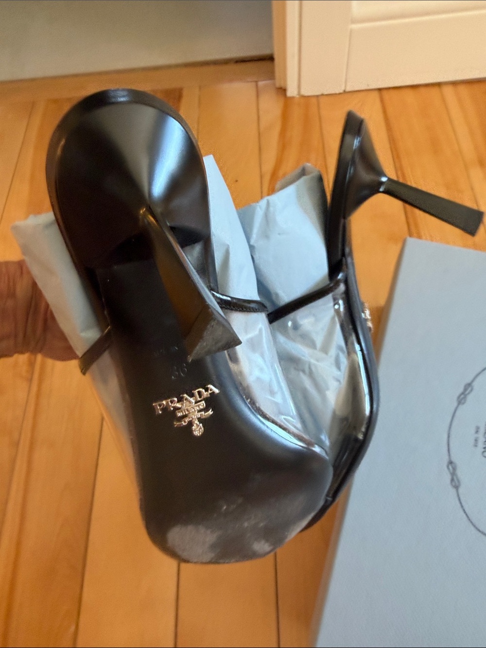 Prada Black Leather Pointed Toe Logo Slingbacks - Picture 5 of 9
